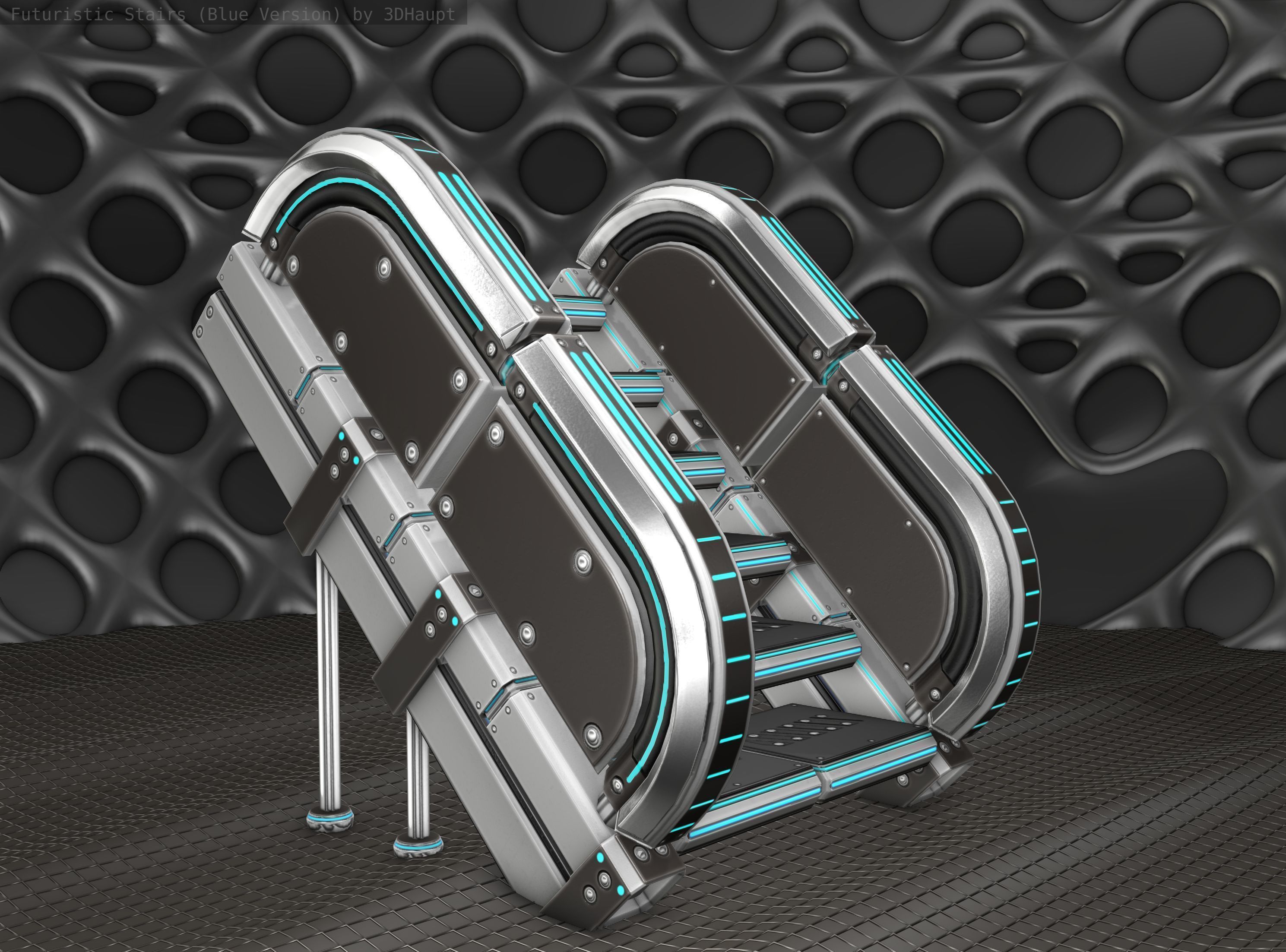 Sci-Fi Stairs - 32- Silver Blue Neon Light Version Low-poly 3D model_14