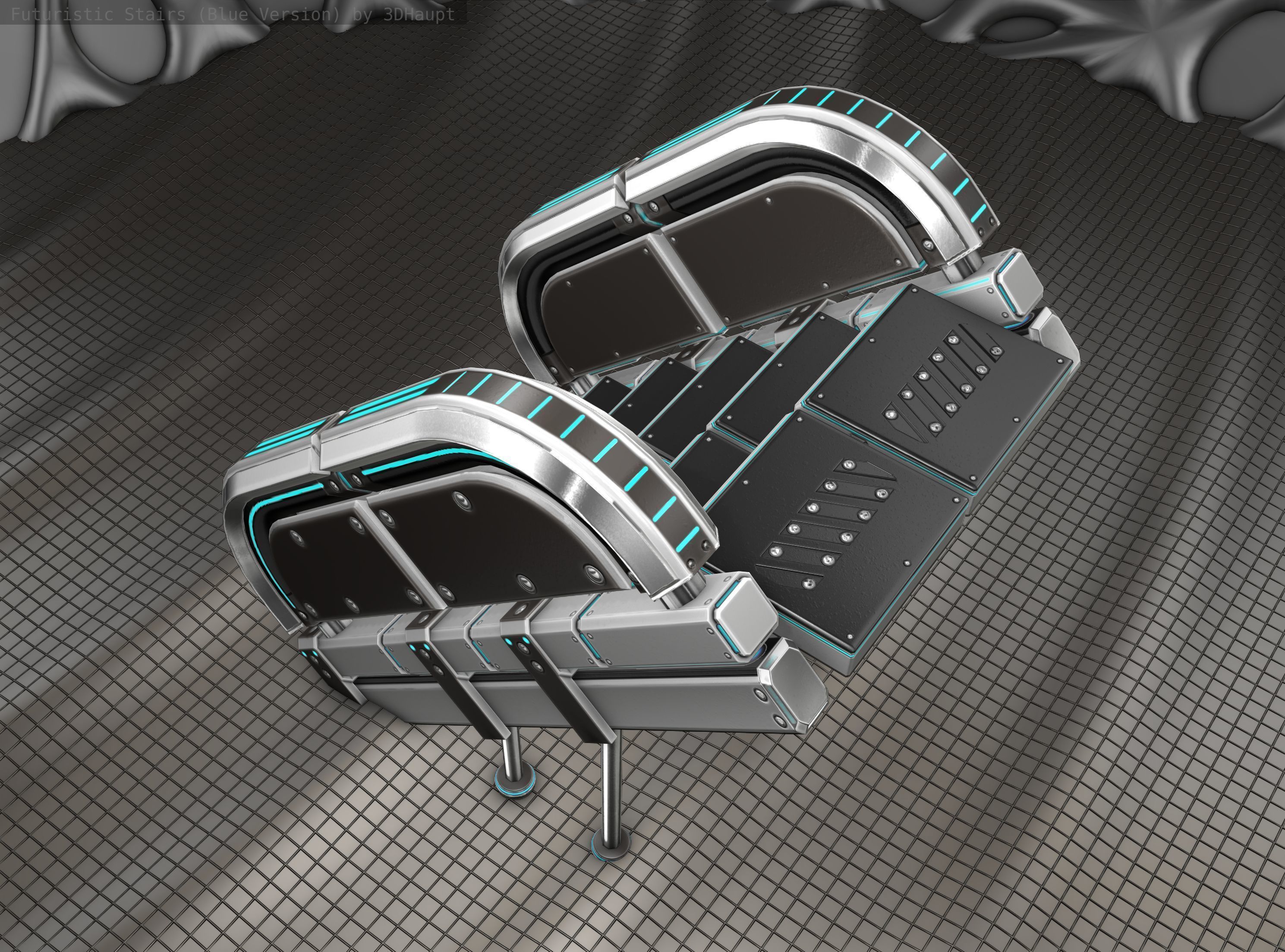 Sci-Fi Stairs - 32- Silver Blue Neon Light Version Low-poly 3D model_18