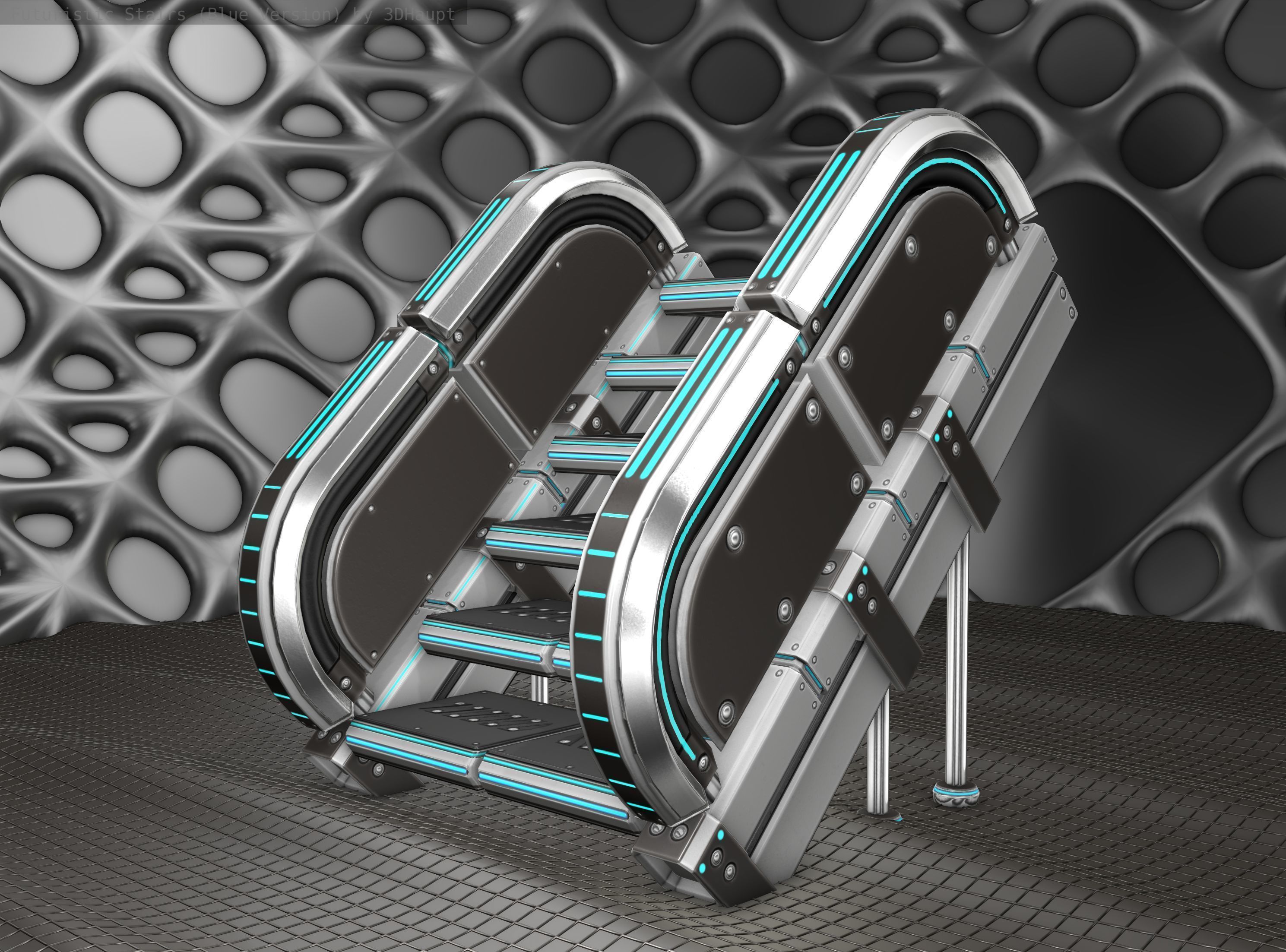 Sci-Fi Stairs - 32- Silver Blue Neon Light Version Low-poly 3D model_10