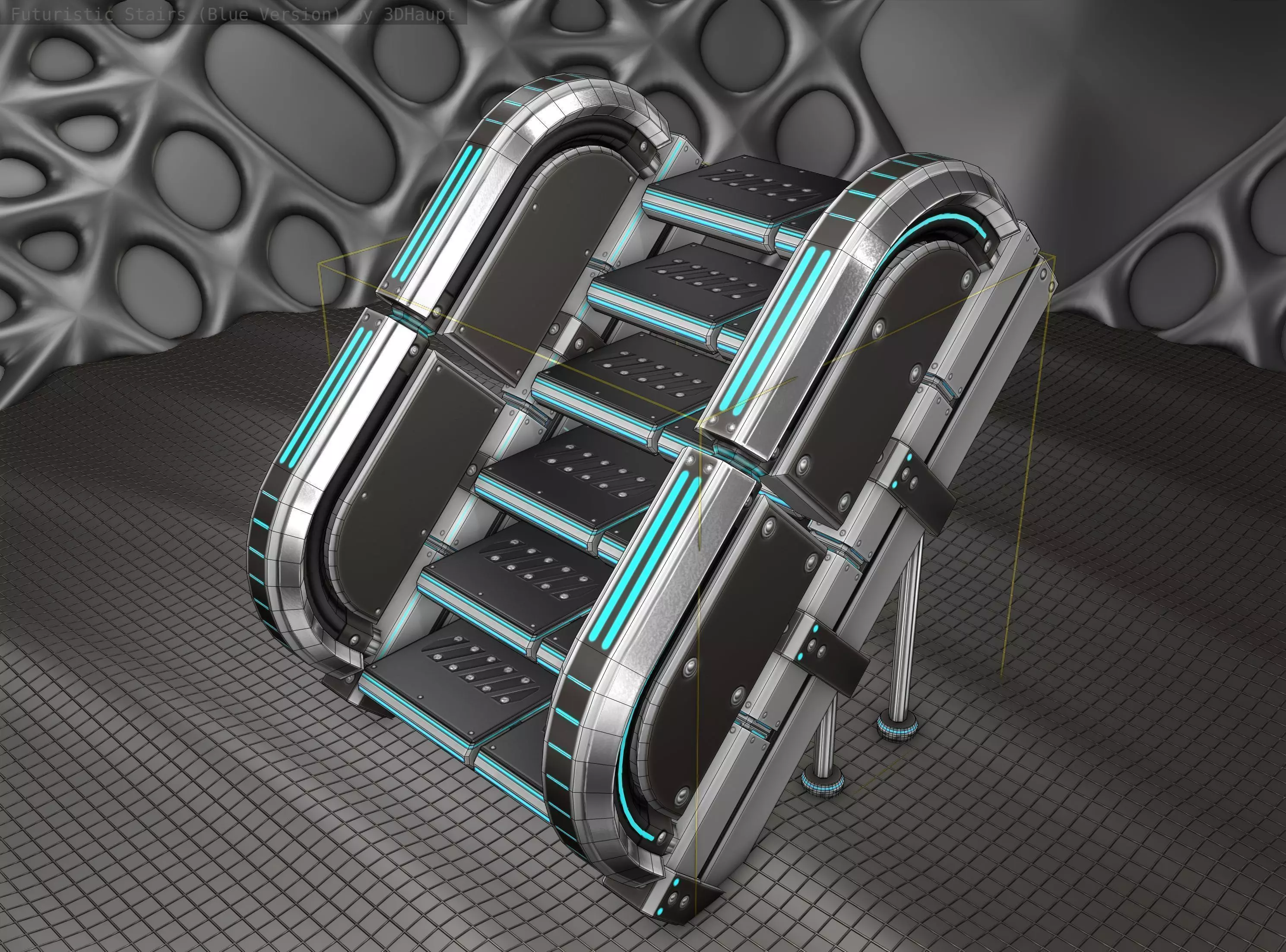 Sci-Fi Stairs - 32- Silver Blue Neon Light Version Low-poly 3D model_0