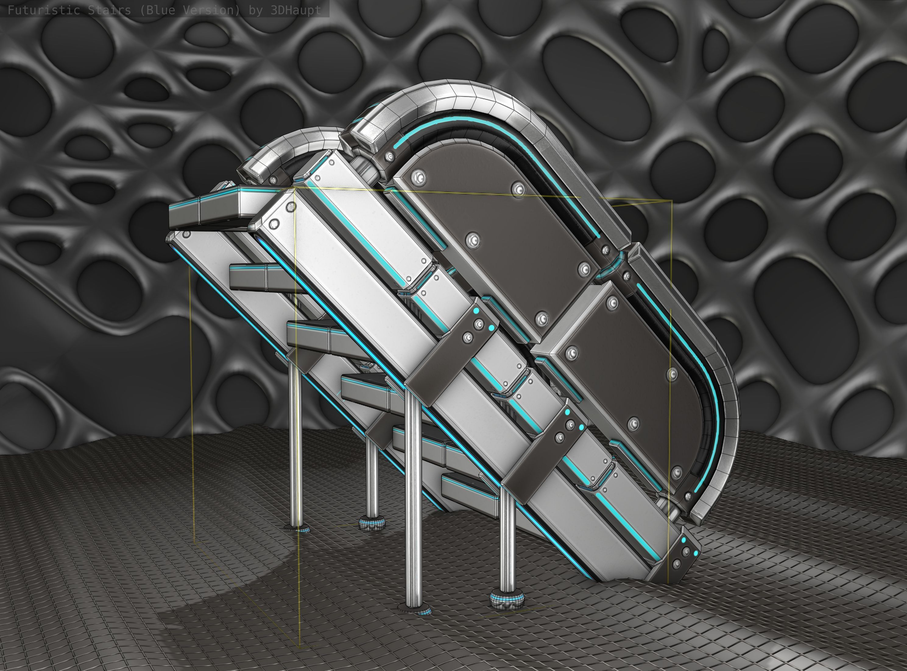 Sci-Fi Stairs - 32- Silver Blue Neon Light Version Low-poly 3D model_13