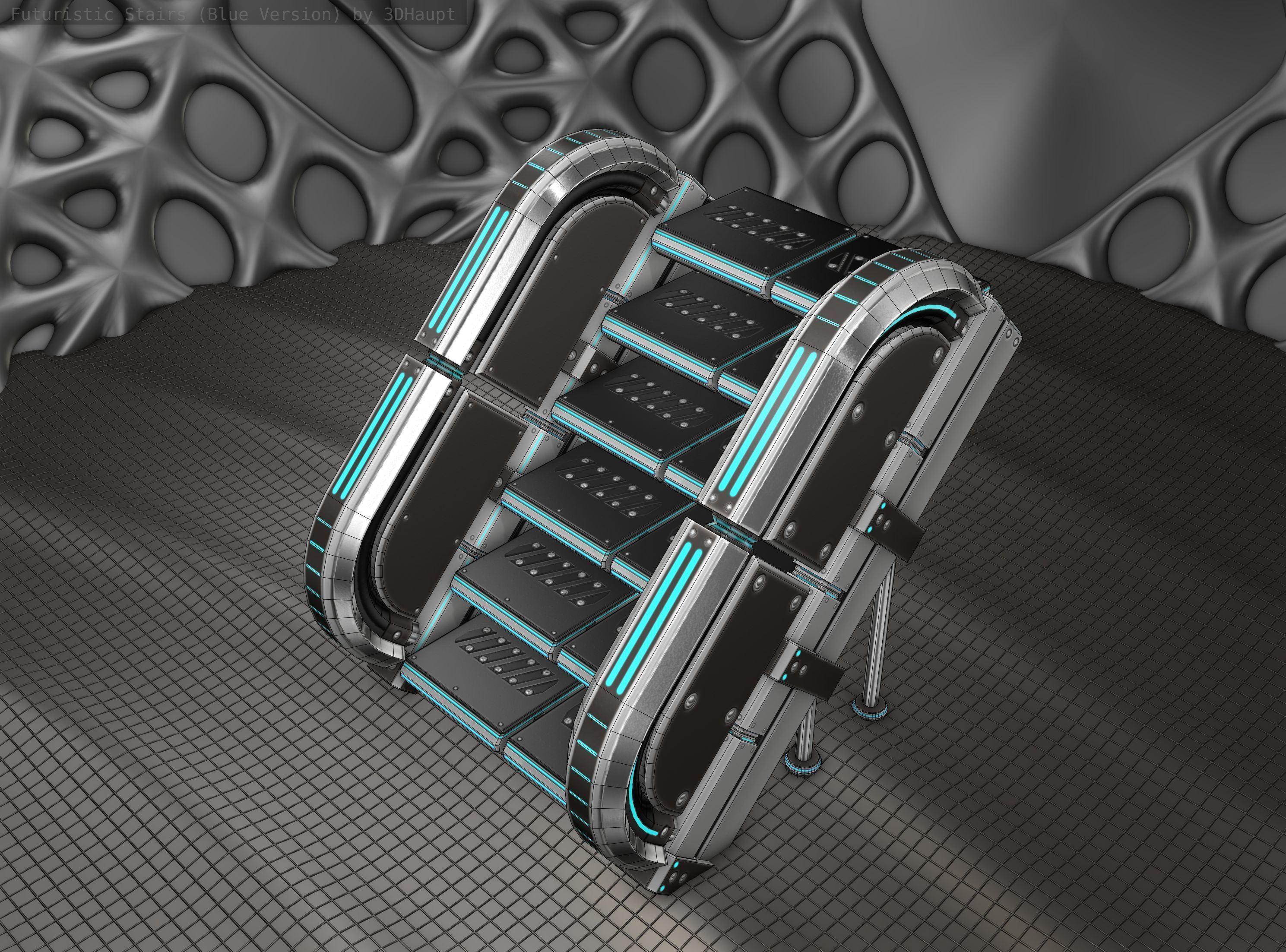 Sci-Fi Stairs - 32- Silver Blue Neon Light Version Low-poly 3D model_26