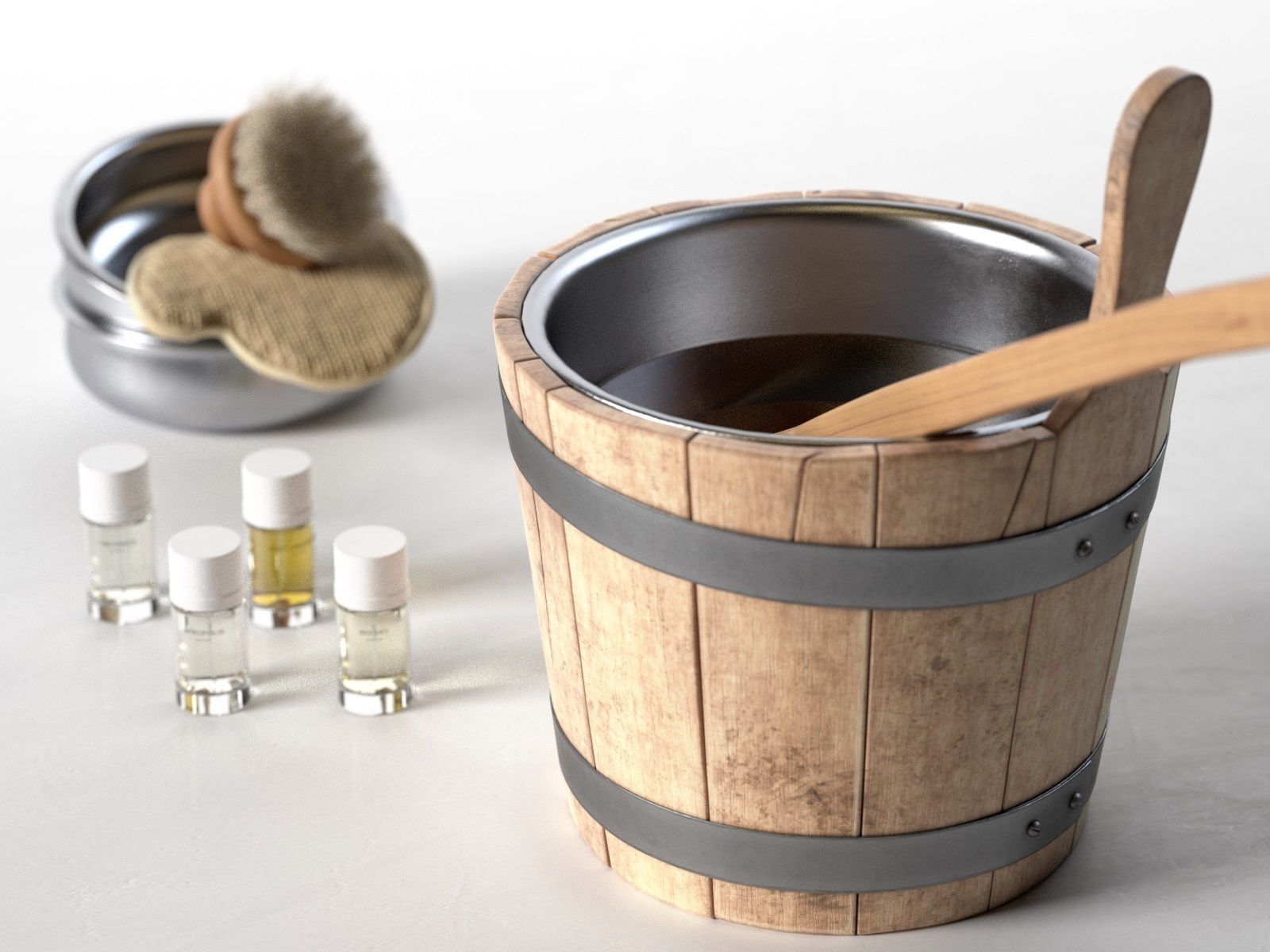 Sauna Bucket with Bath Accessories 3D model_2