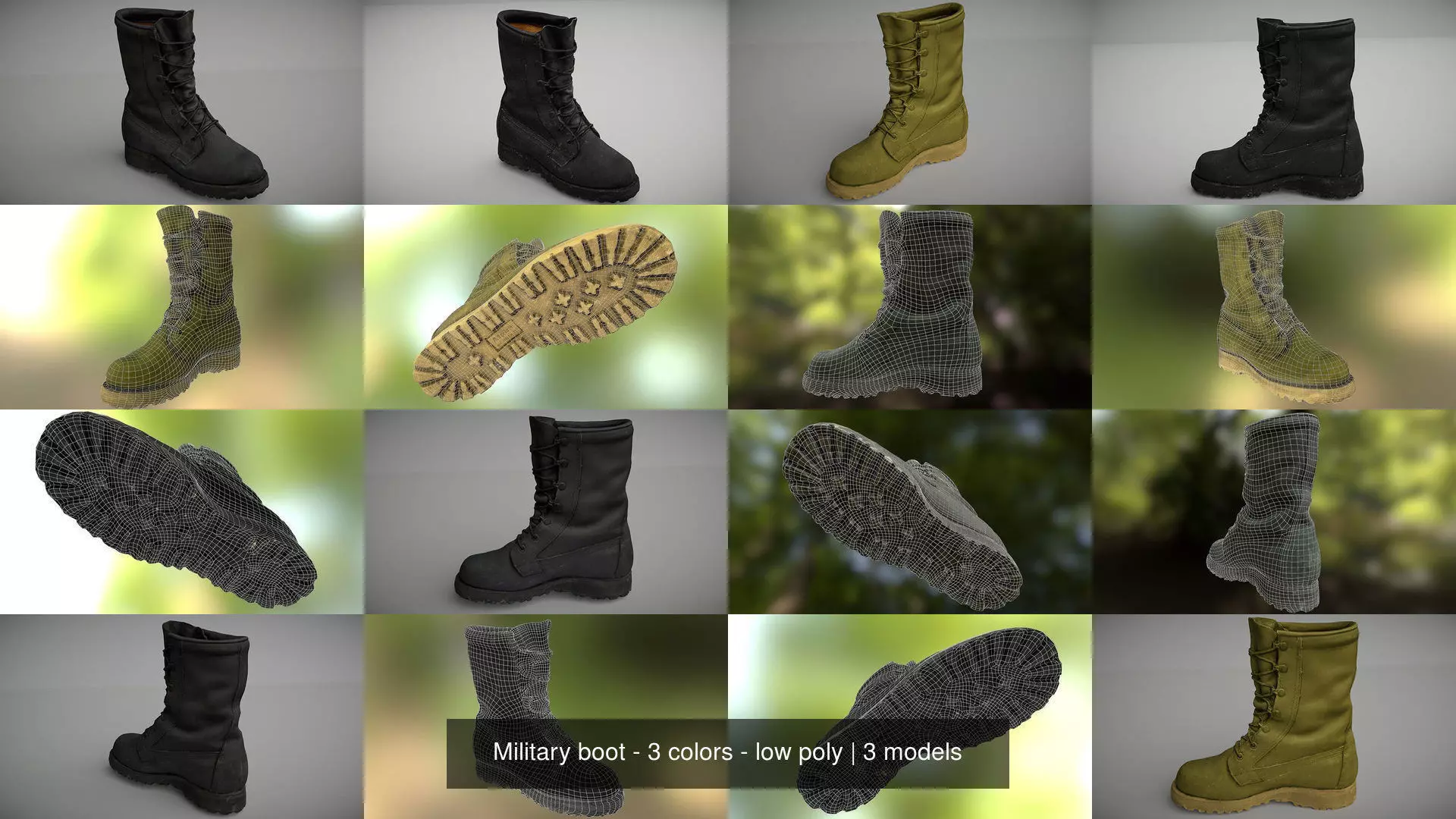 Military boot - 3 colors - low poly 3D Model Collection_1