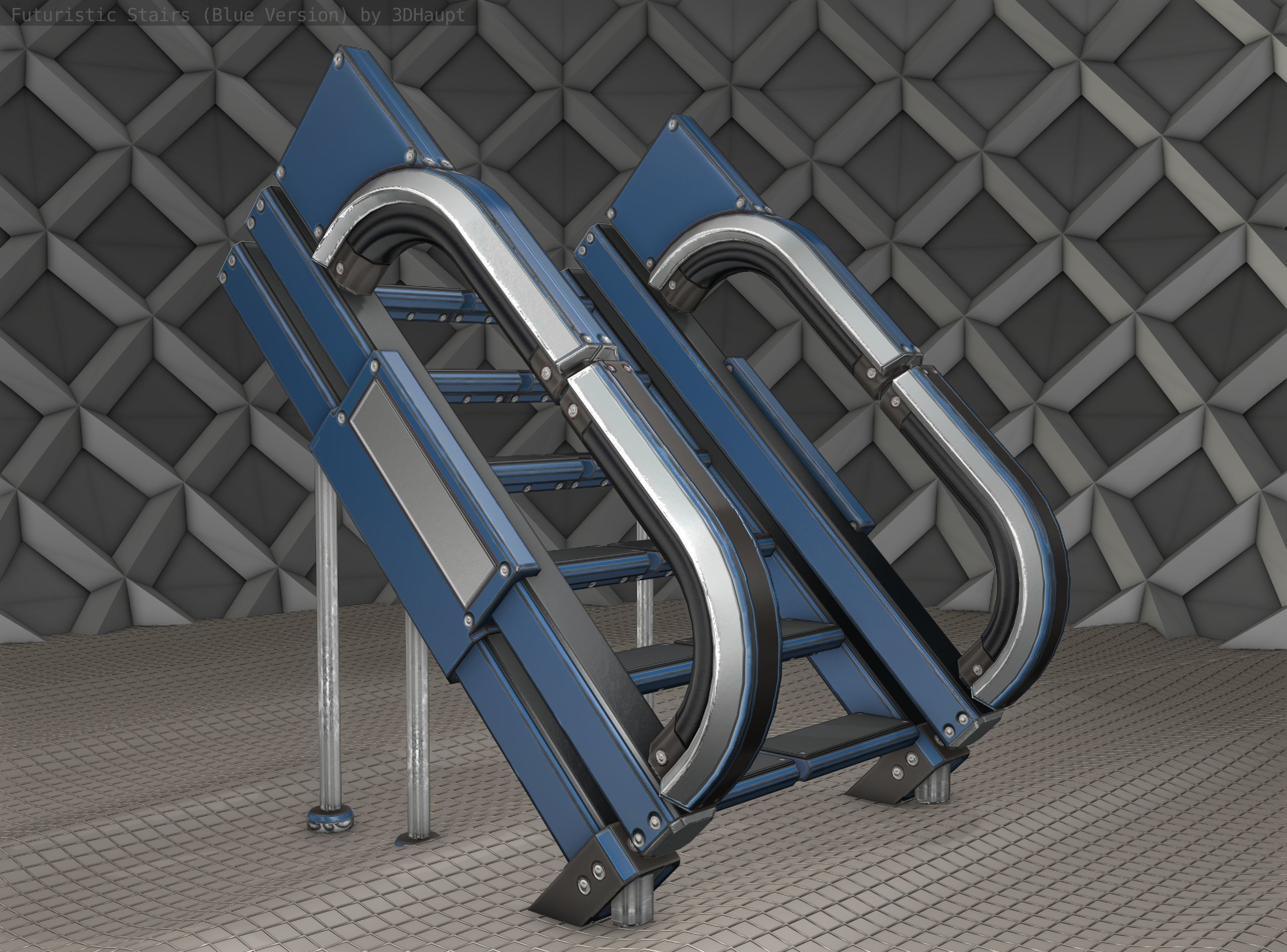 Sci-Fi Stairs - 4 - Blue Version  Low-poly 3D model_12