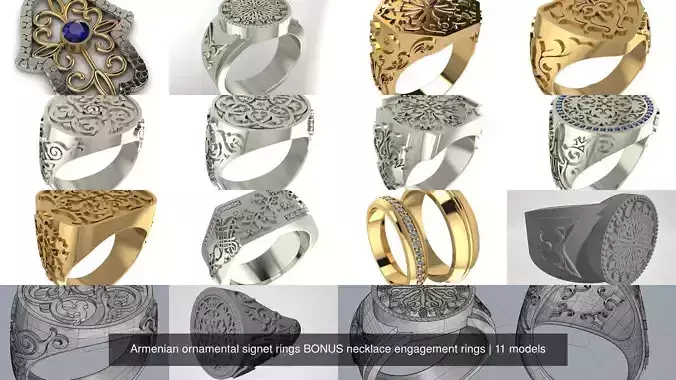 Armenian ornamental signet rings BONUS necklace engagement rings 3D Model Collection