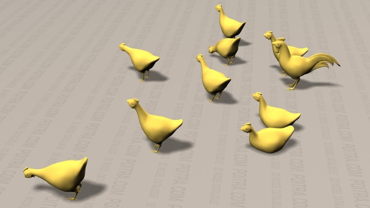 Chicken Ranch - Rooster and 9 Posed Hens - White  -  3D model_4