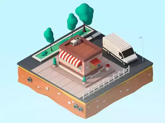 Cartoon Low Poly City Shop Building