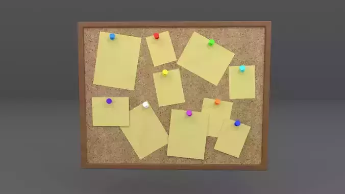 Pinboard bulletin board with sticky notes Low-poly 3D model