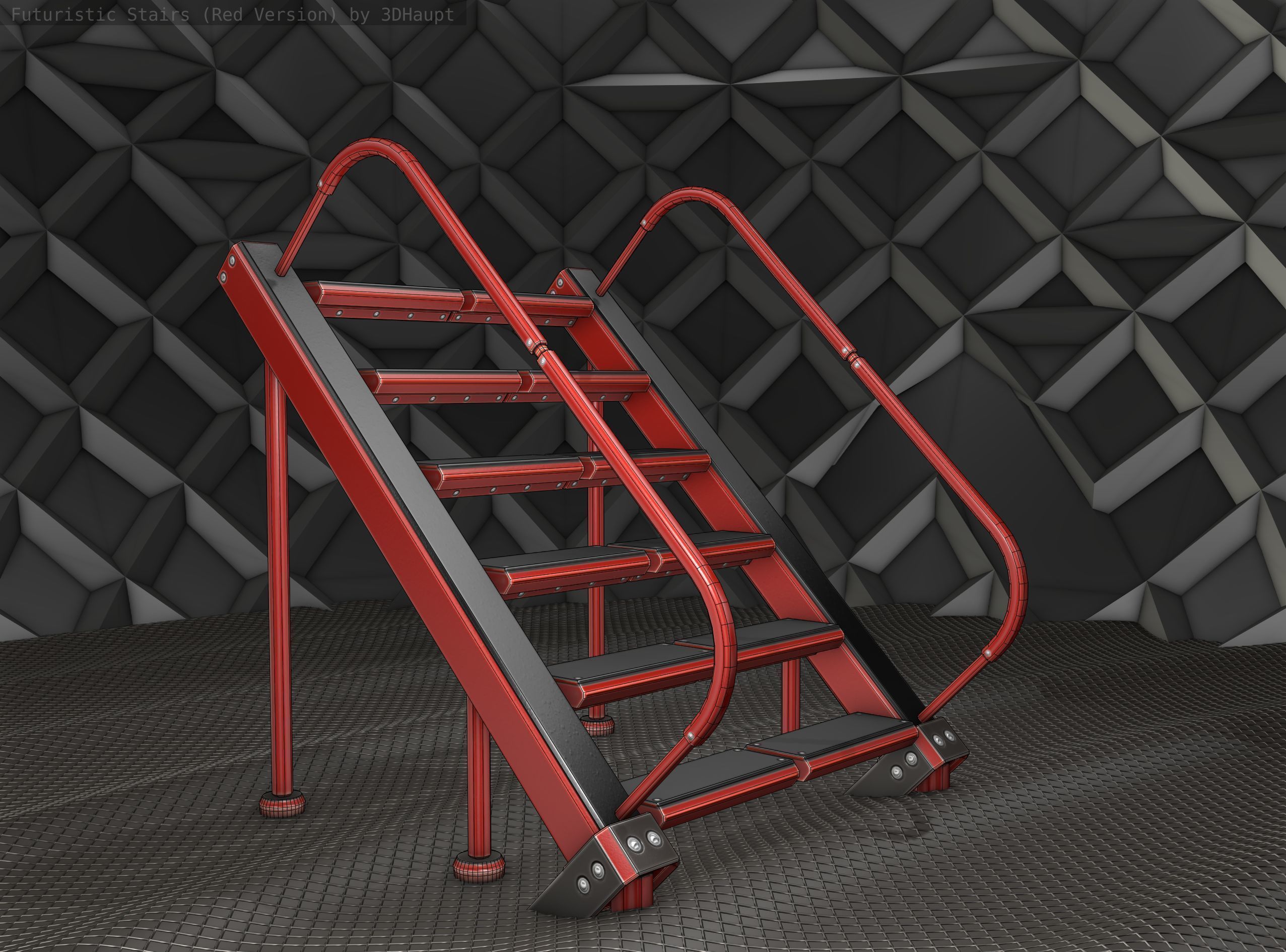 Sci-Fi Stairs -  20 - Red Version  Low-poly 3D model_14