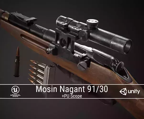 PBR Soviet Mosin Nagant 91-30 Sniper Rifle Low-poly 3D model