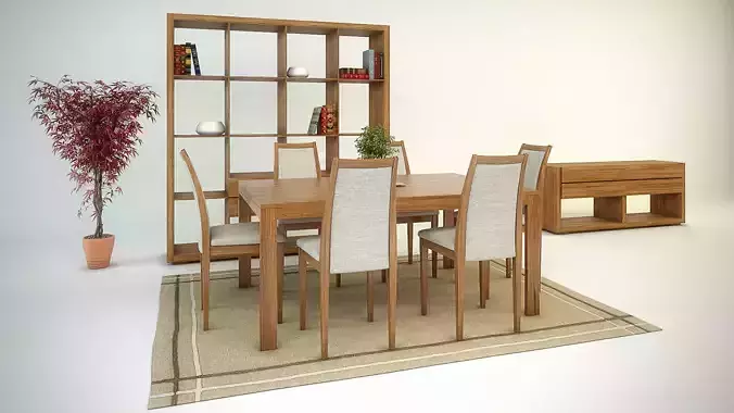 Dining set 3D model wooden table and chairs