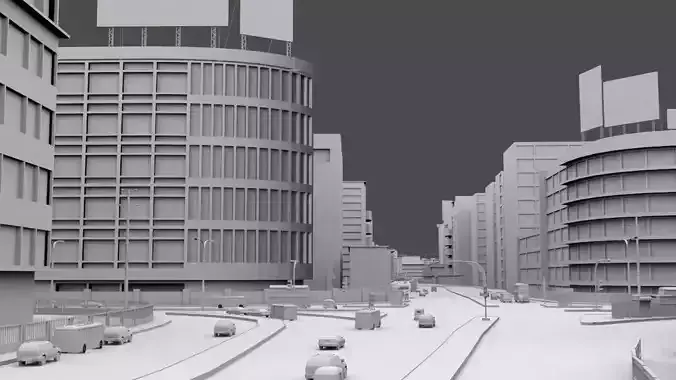 Low Poly City Model street with buildings and cars