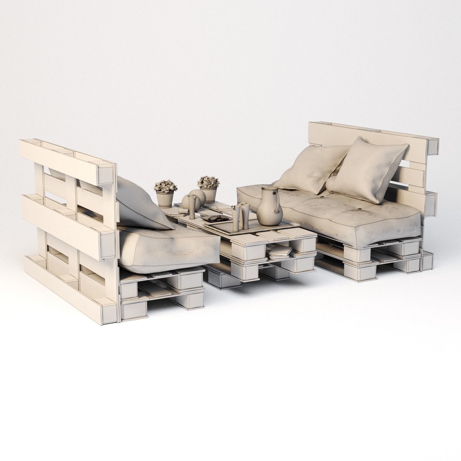 Pallet set sofa made of wooden pallets 3D model_4