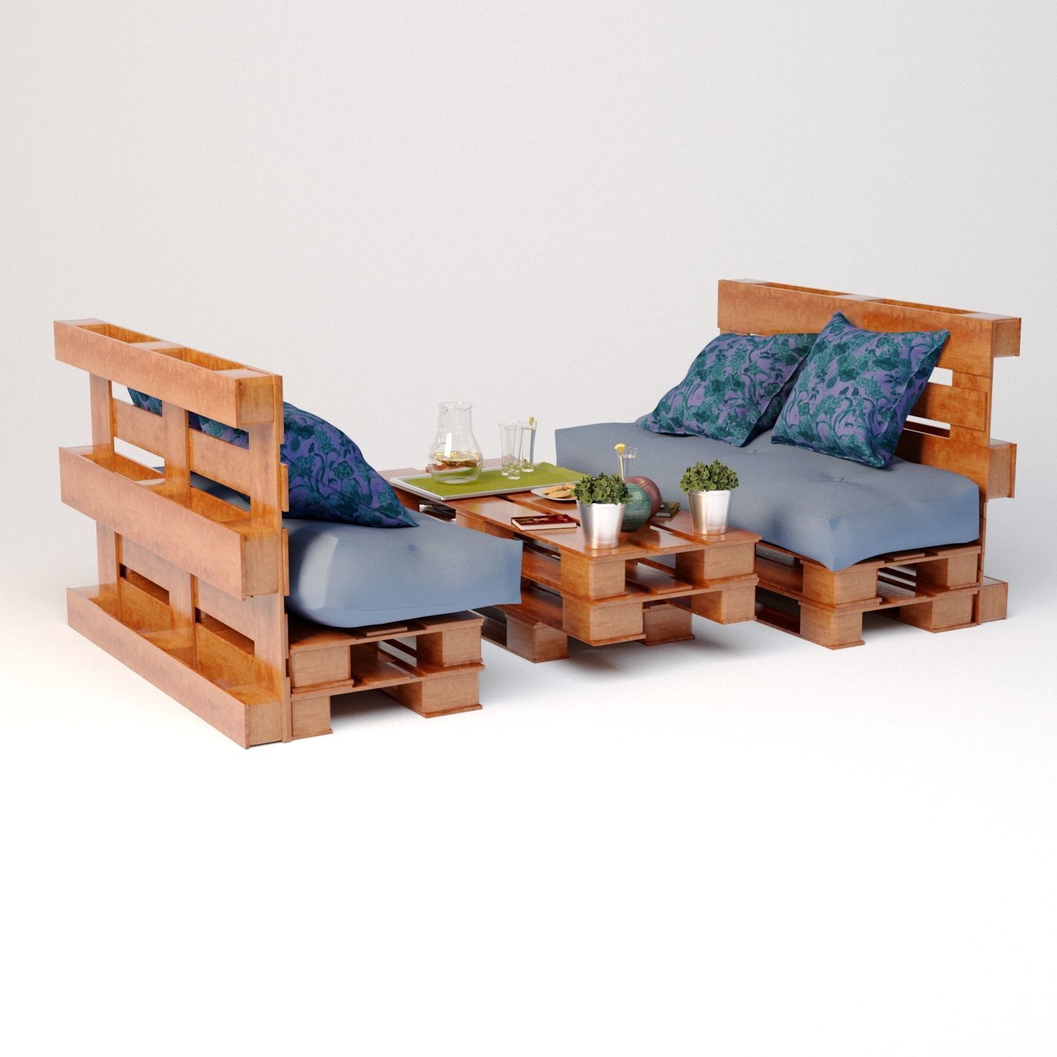 Pallet set sofa made of wooden pallets 3D model_3