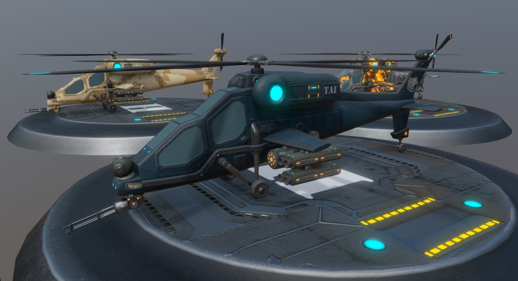 Low poly attack helicopter set Low-poly 3D model_7