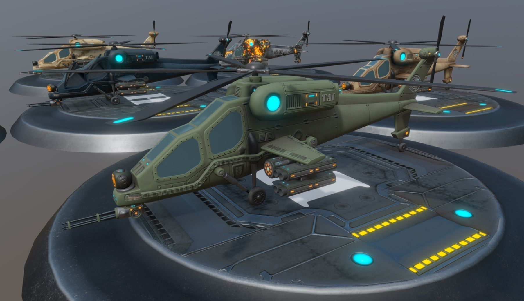 Low poly attack helicopter set Low-poly 3D model_4