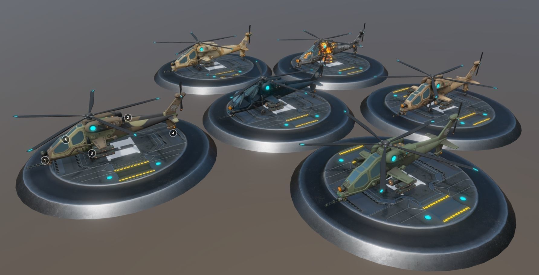 Low poly attack helicopter set Low-poly 3D model_2