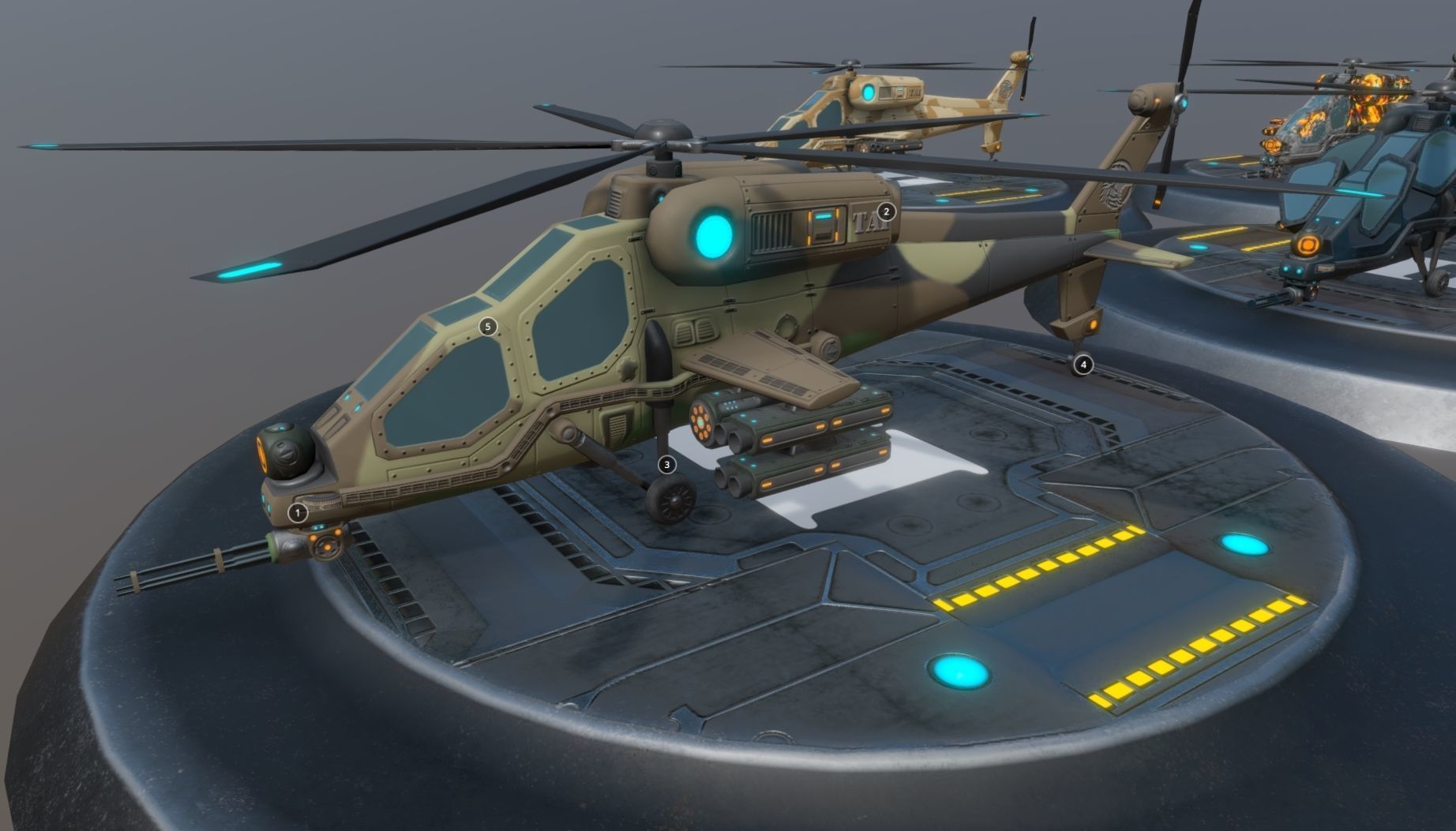 Low poly attack helicopter set Low-poly 3D model_3