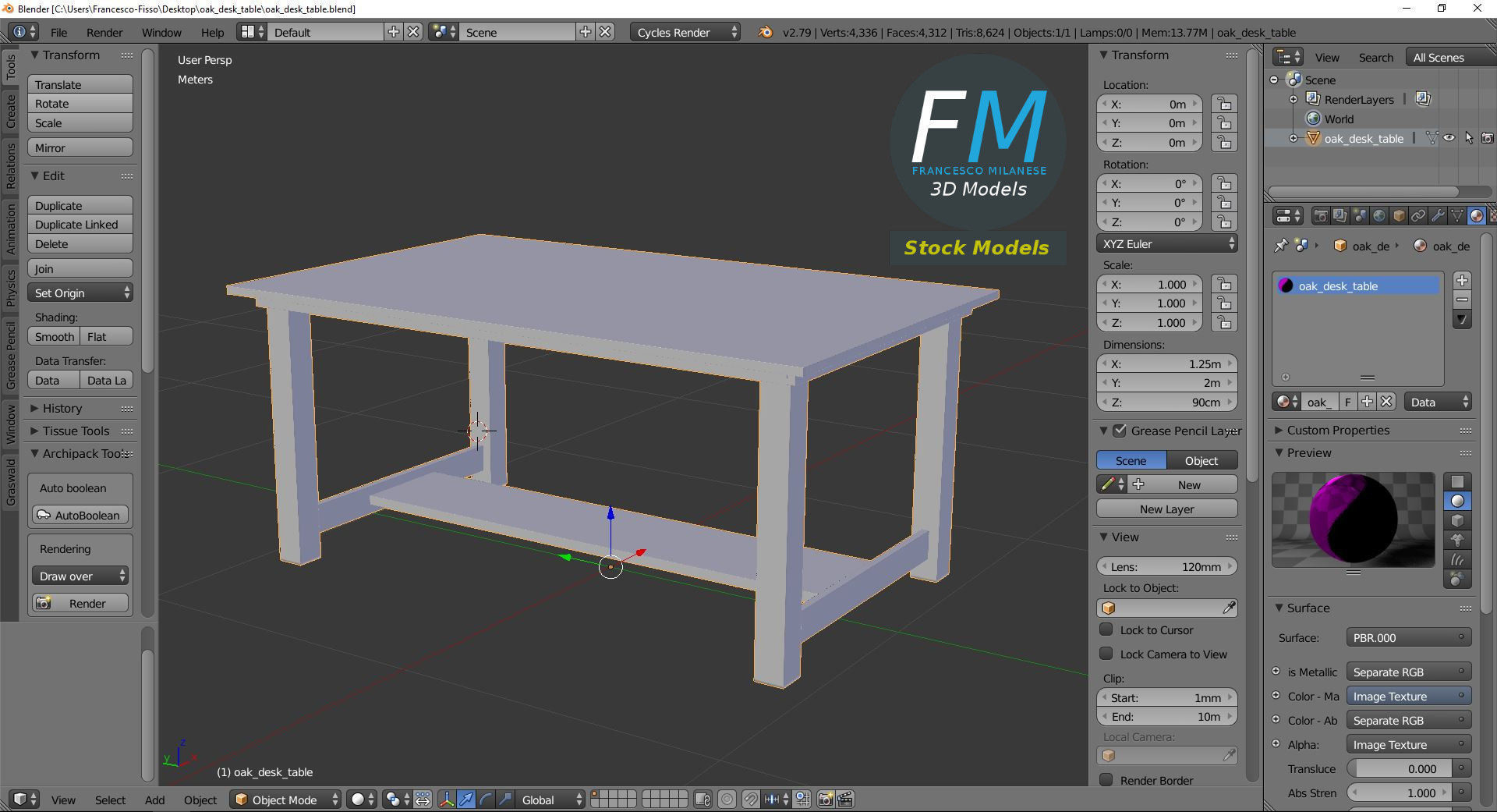 Oak desk table 3D model_9