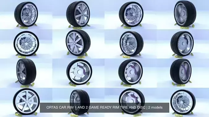 ORTAS CAR RIM 1 AND 2 GAME READY RIM TIRE AND DISC 3D Model Collection