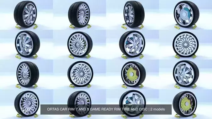 ORTAS CAR RIM 7 AND 8 GAME READY RIM TIRE AND DISC 3D Model Collection