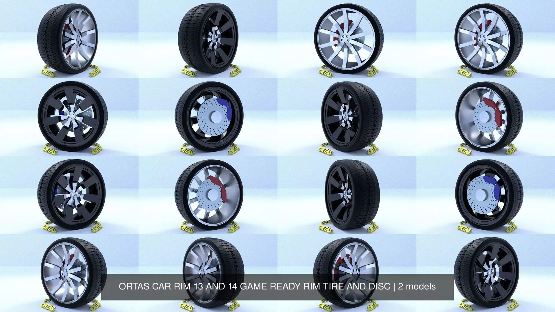 ORTAS CAR RIM 13 AND 14 GAME READY RIM TIRE AND DISC 3D Model Collection_0