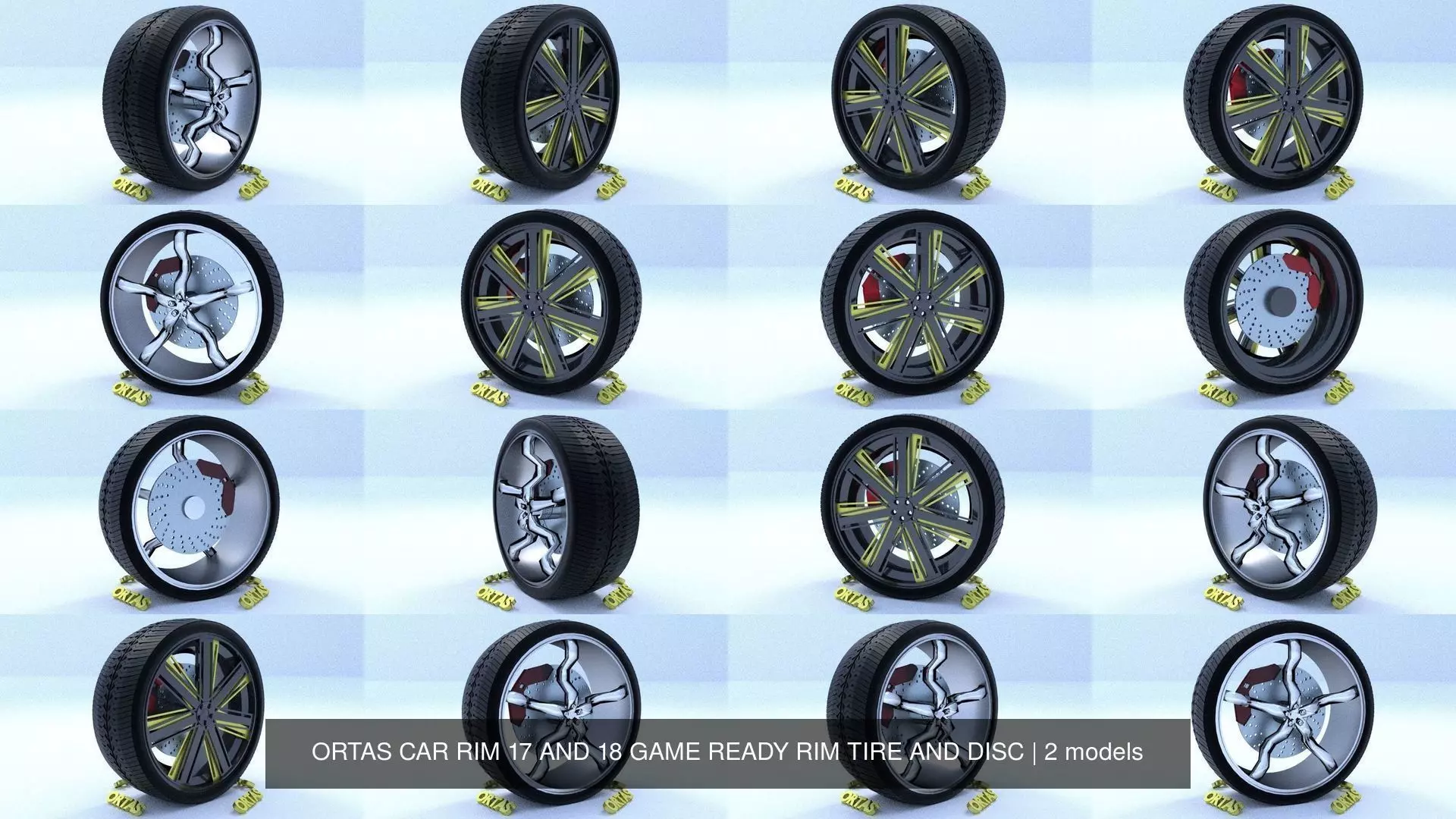 ORTAS CAR RIM 17 AND 18 GAME READY RIM TIRE AND DISC 3D Model Collection_0
