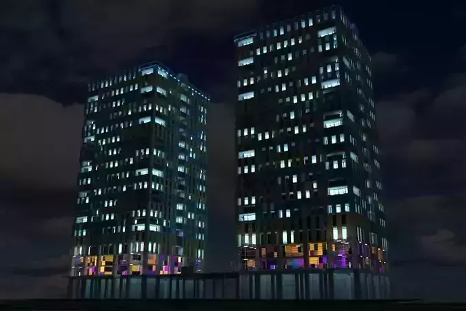 Building 9 two tall buildings at night 3D model