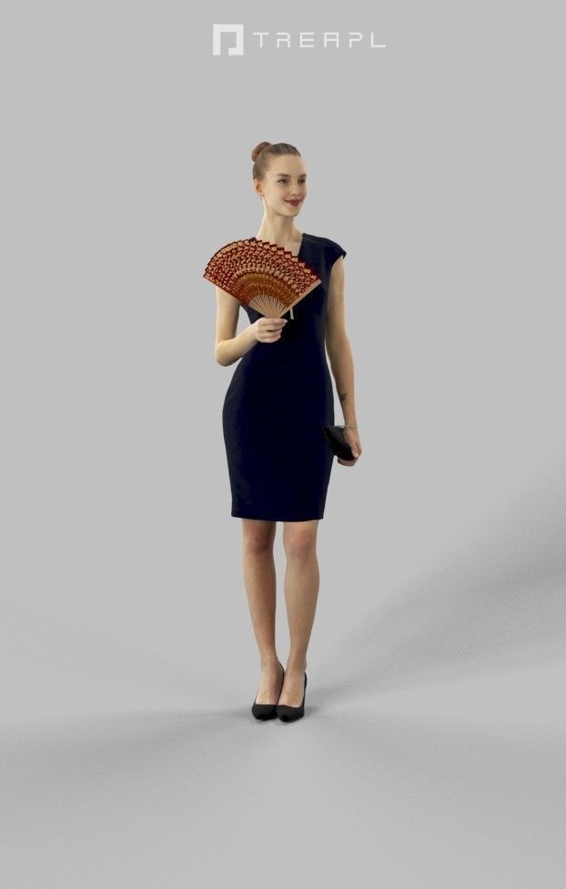 Beauty A Caucasian Elegant Female Standing With A Handheld Fan 3D model_3
