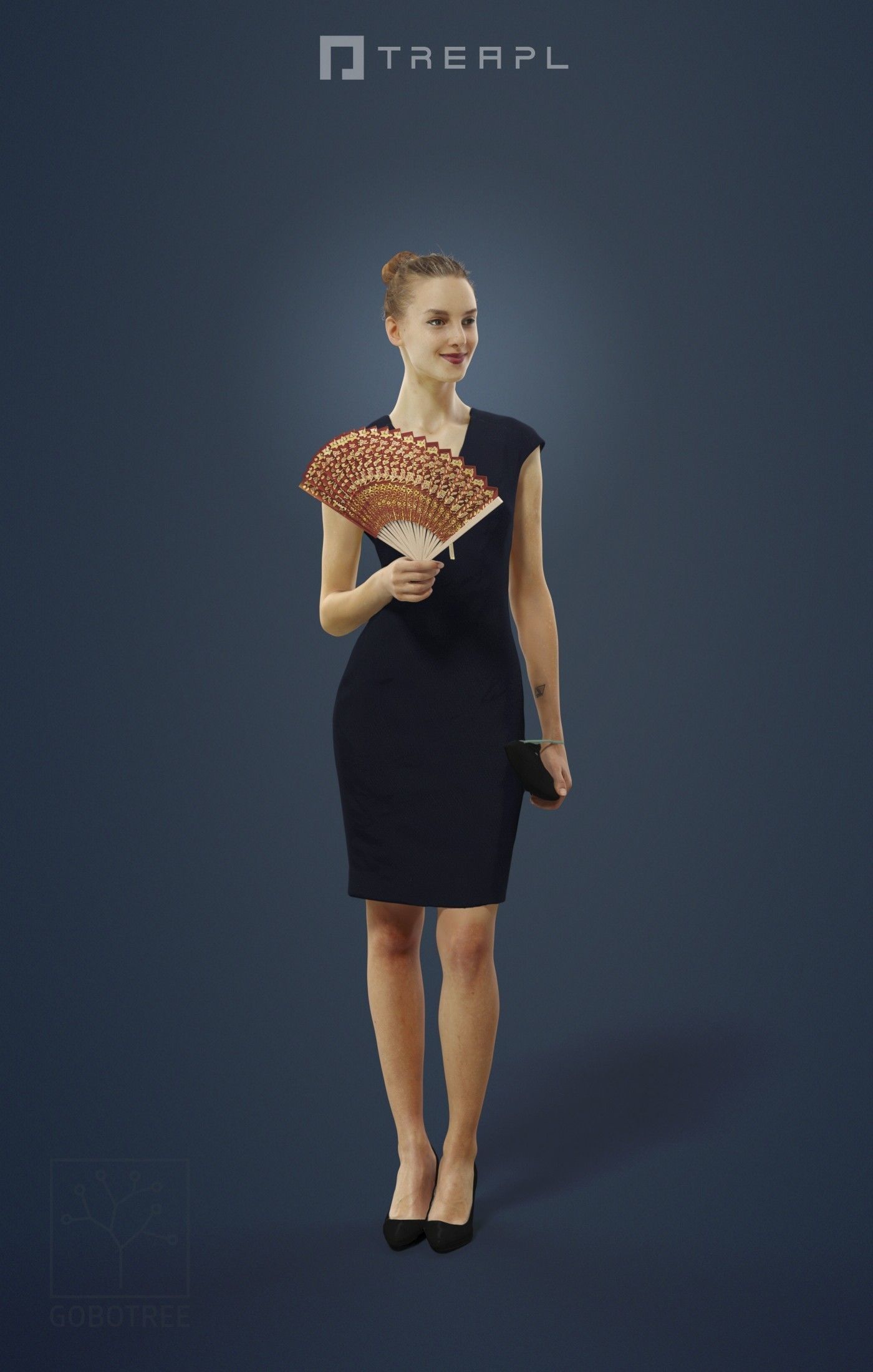 Beauty A Caucasian Elegant Female Standing With A Handheld Fan 3D model_1