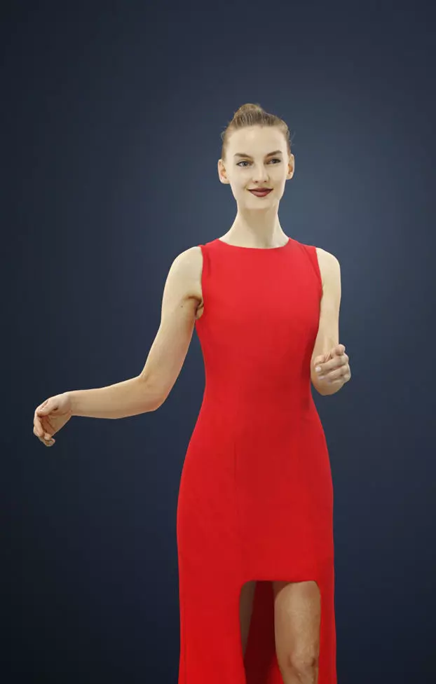 Beauty Elegant Female In Formal Dress Standing Pointing 3D model_0