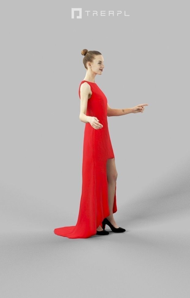 Beauty Elegant Female In Formal Dress Standing Pointing 3D model_4