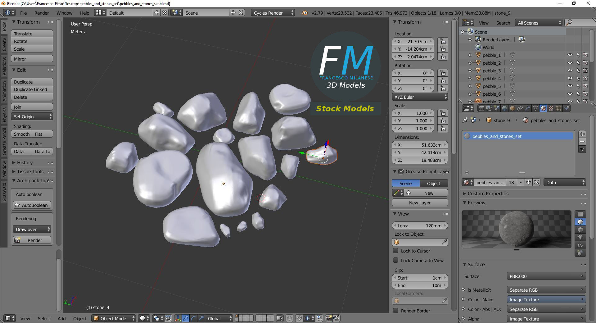 Pebbles and stones set 3D model_9