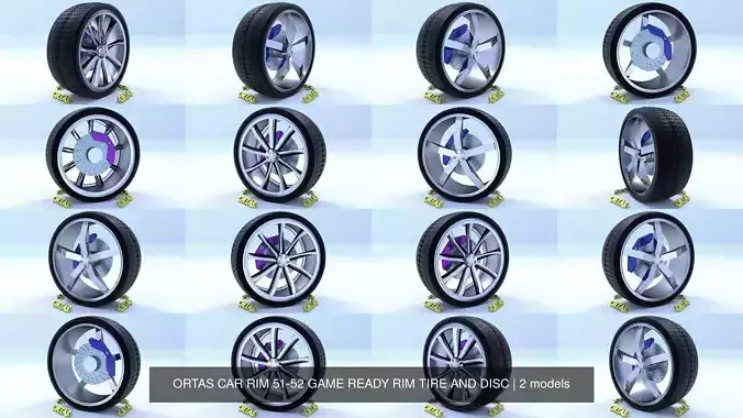 ORTAS CAR RIM 51-52 GAME READY RIM TIRE AND DISC 3D Model Collection