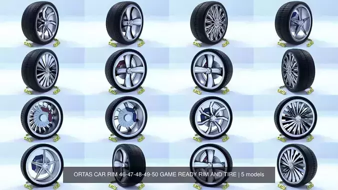 ORTAS CAR RIM 46-47-48-49-50 GAME READY RIM AND TIRE 3D Model Collection