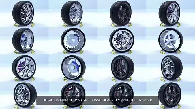 ORTAS CAR RIM 51-52-53-54-55 GAME READY RIM AND TIRE 3D Model Collection