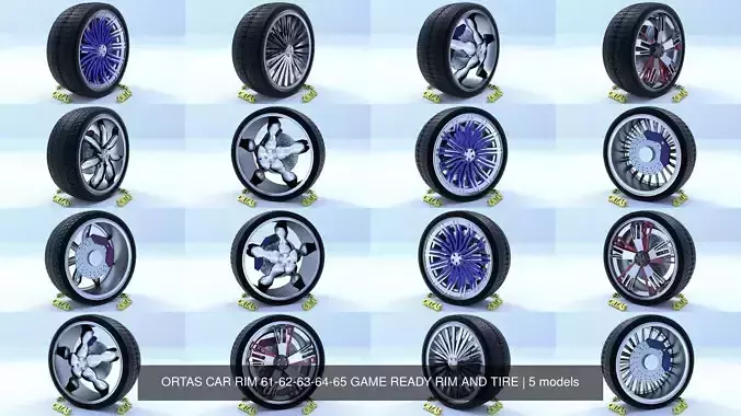 ORTAS CAR RIM 61-62-63-64-65 GAME READY RIM AND TIRE 3D Model Collection