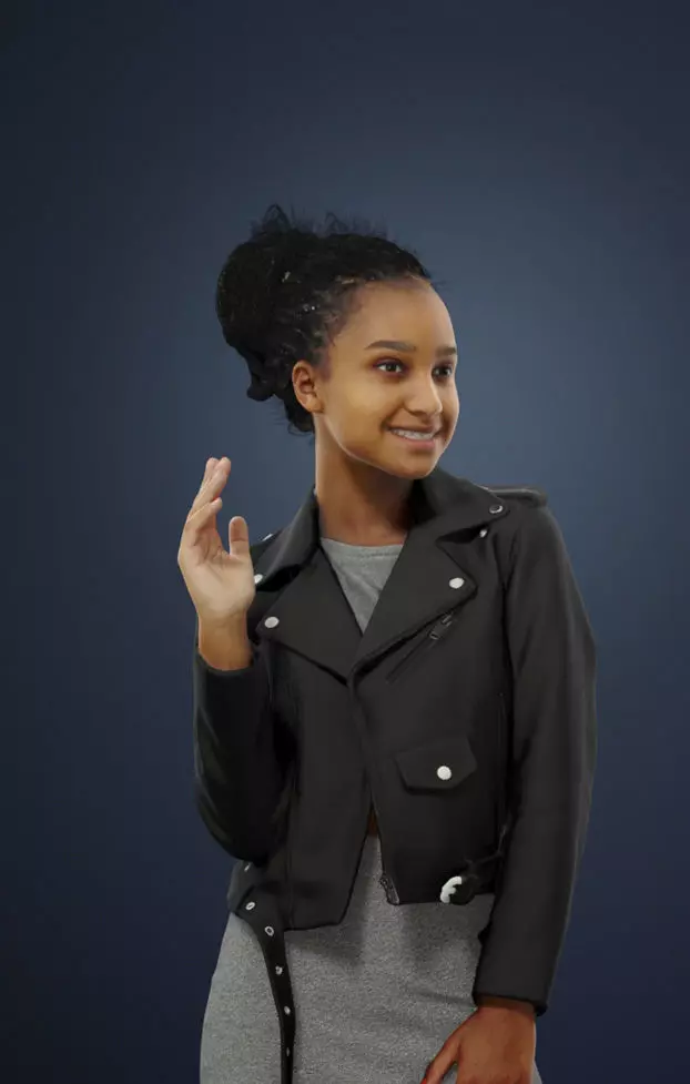 May An African Woman In A Leather Jacket Standing Waving 3D model_0