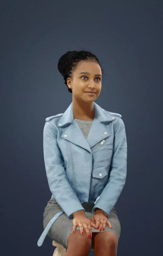 May Casual African Female in a pink leather jacket sitting 3D model_0