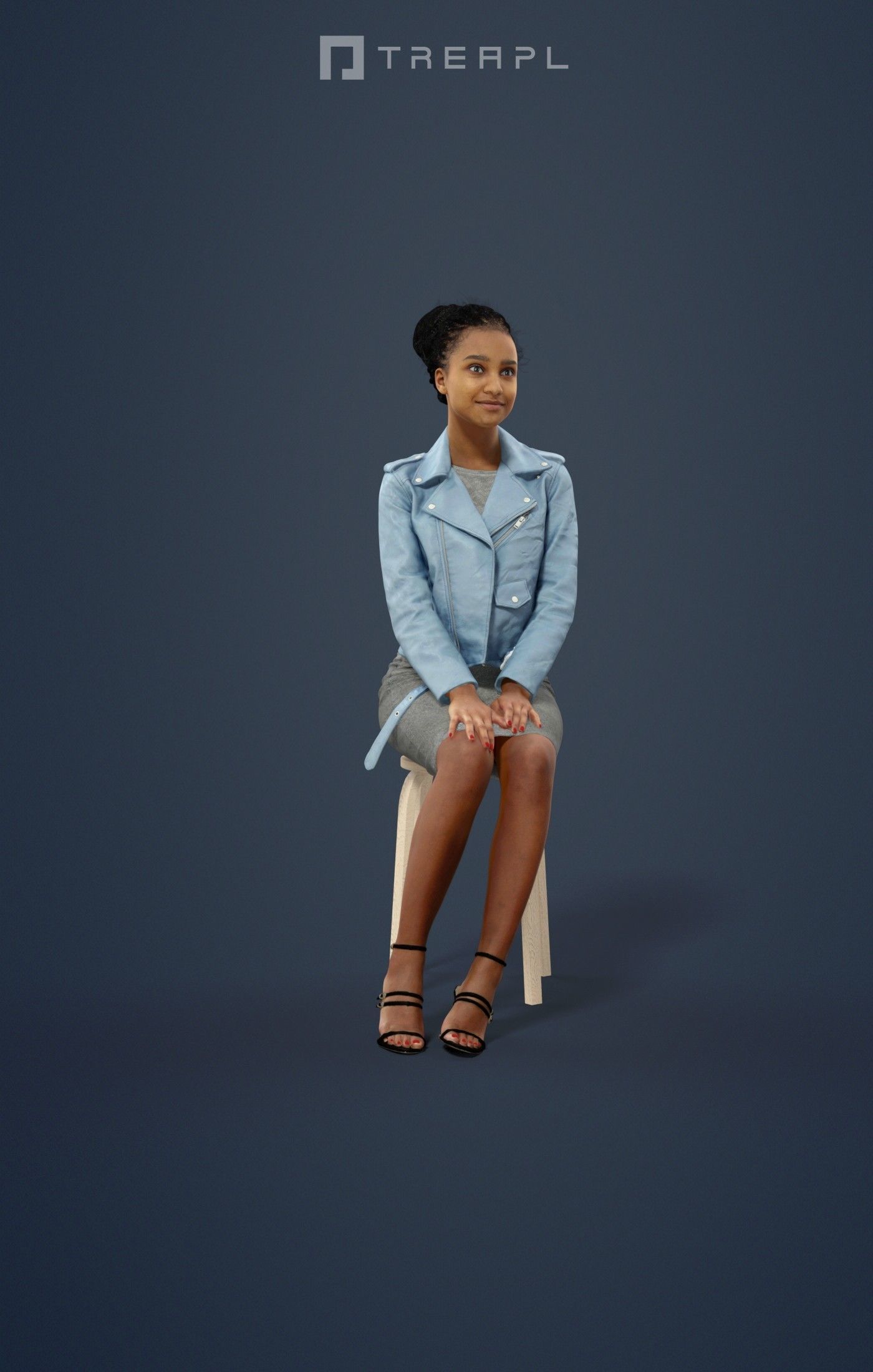 May Casual African Female in a pink leather jacket sitting 3D model_1