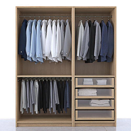 wardrobe closet with clothes on hangers and drawers 3D model