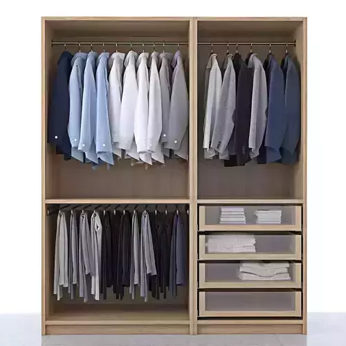 wardrobe closet with clothes on hangers and drawers