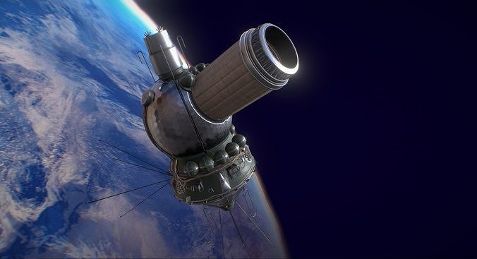 Voskhod spaceship flying in sky Low-poly 3D model