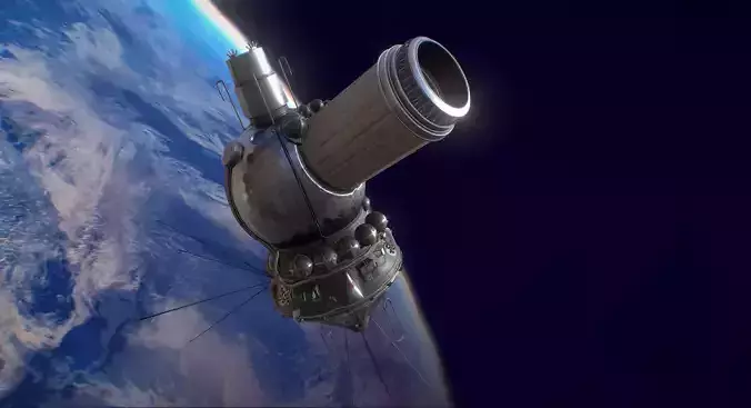 Voskhod spaceship flying in sky Low-poly 3D model