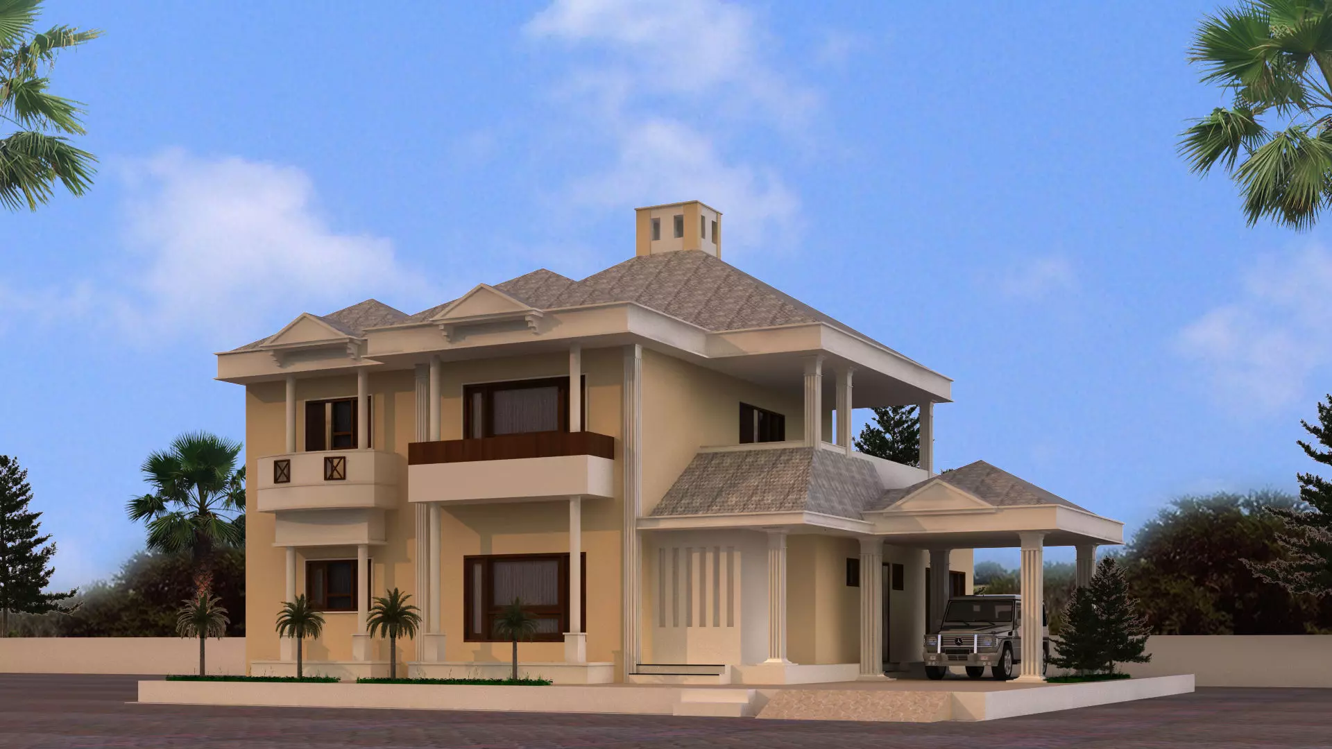 VILLA two story house with palm trees 3D print model_0