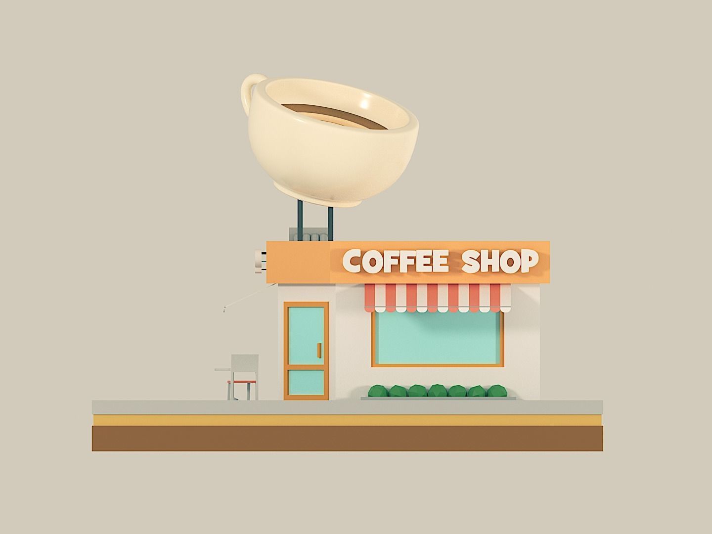 COFFEE SHOP and RESTAURANT 2in1 Low-poly 3D model_2