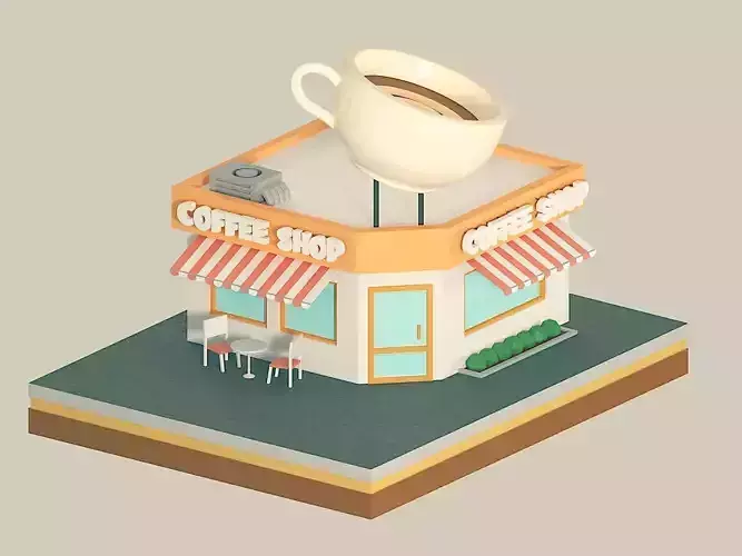 COFFEE SHOP and RESTAURANT 2in1 Low-poly 3D model