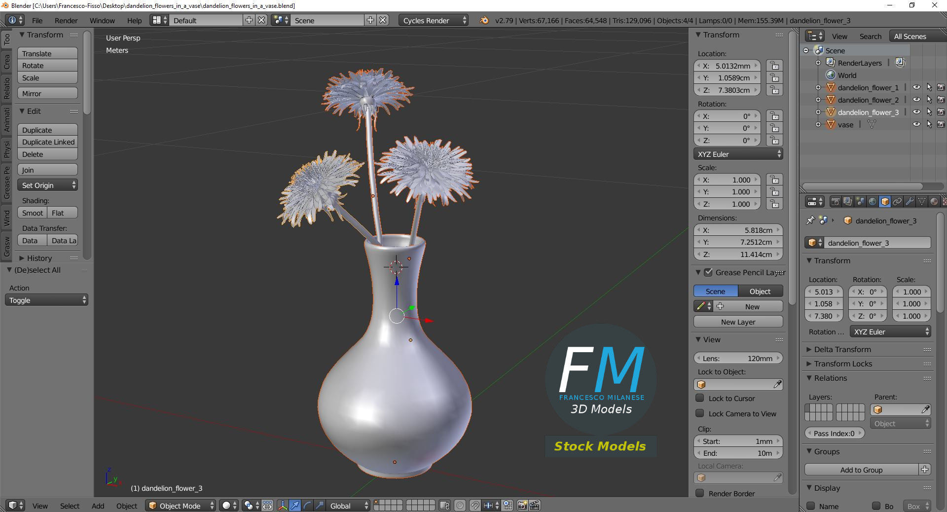 Dandelion flowers in a vase 3D model_9