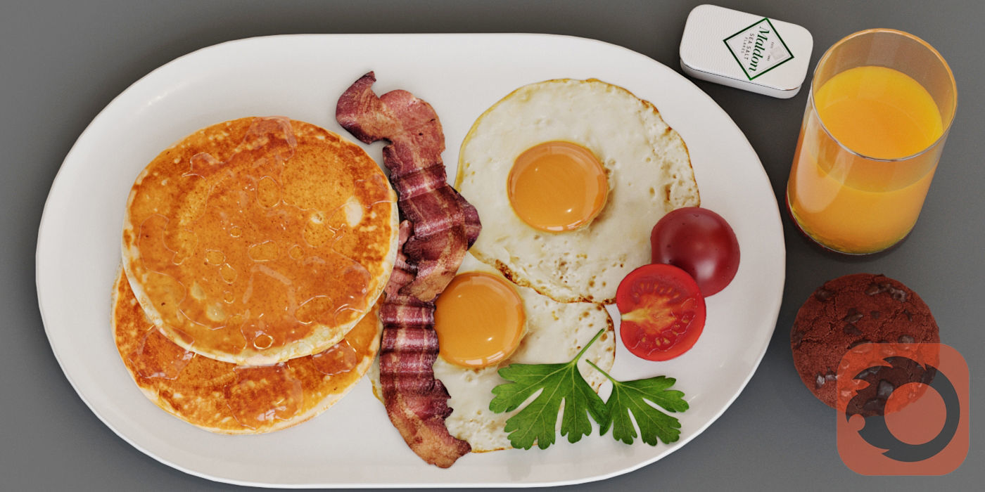 Breakfast pancakes with bacon and eggs on plate 3D model_1
